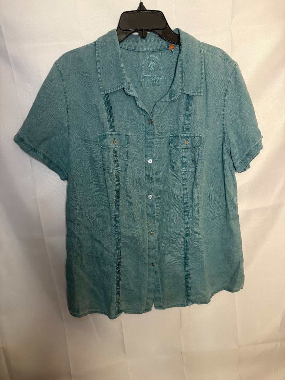 Tommy Bahama 100% Linen Short Sleeve Button-Up Shirt Teal Blue XL